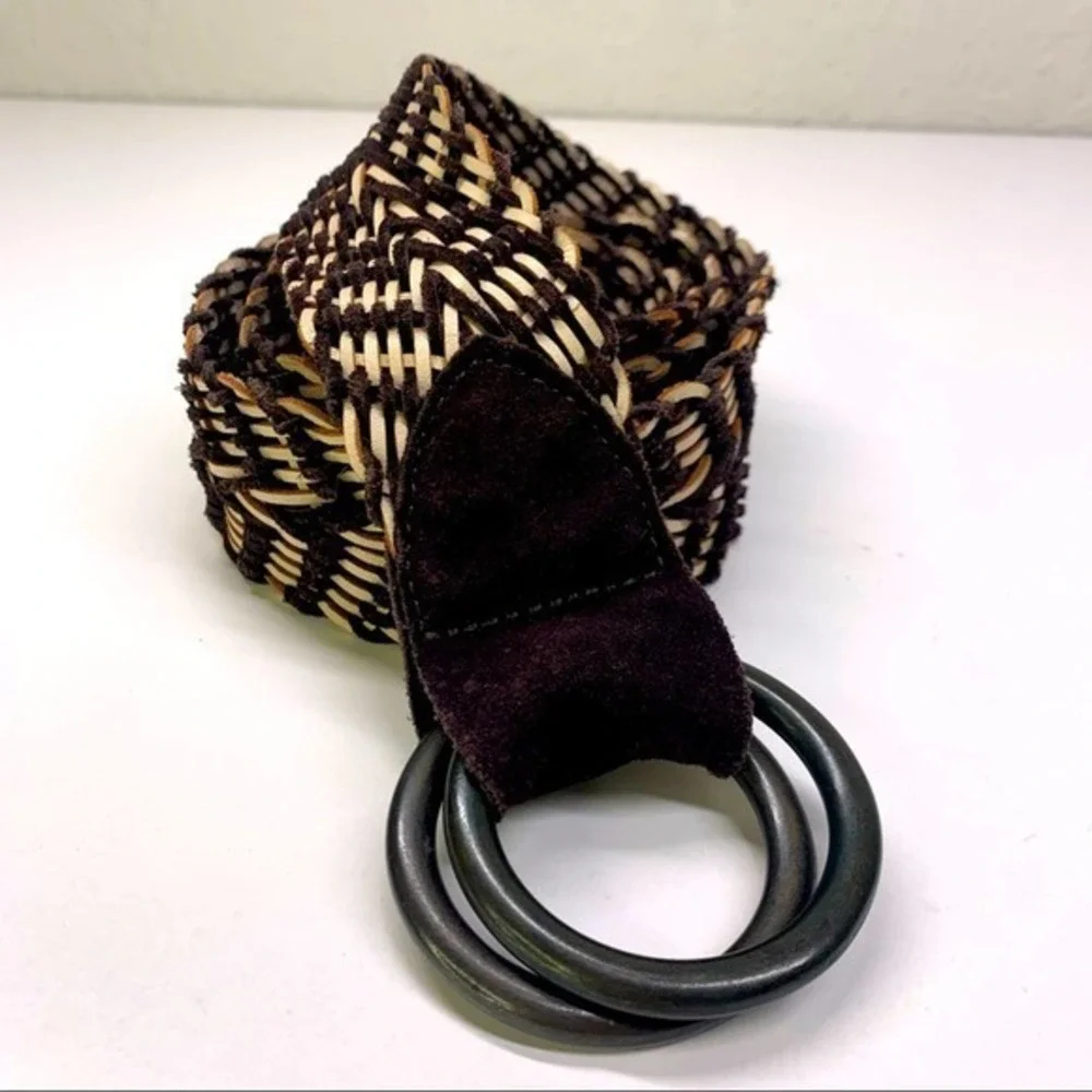 Dark Brown & Cream Chunky Woven Leather Belt‎